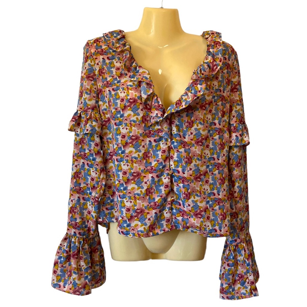 Nasty Gal Ruffled Blouse Balloon Cuff Sleeve Boho Cottagecore Floral Chic Sz 8